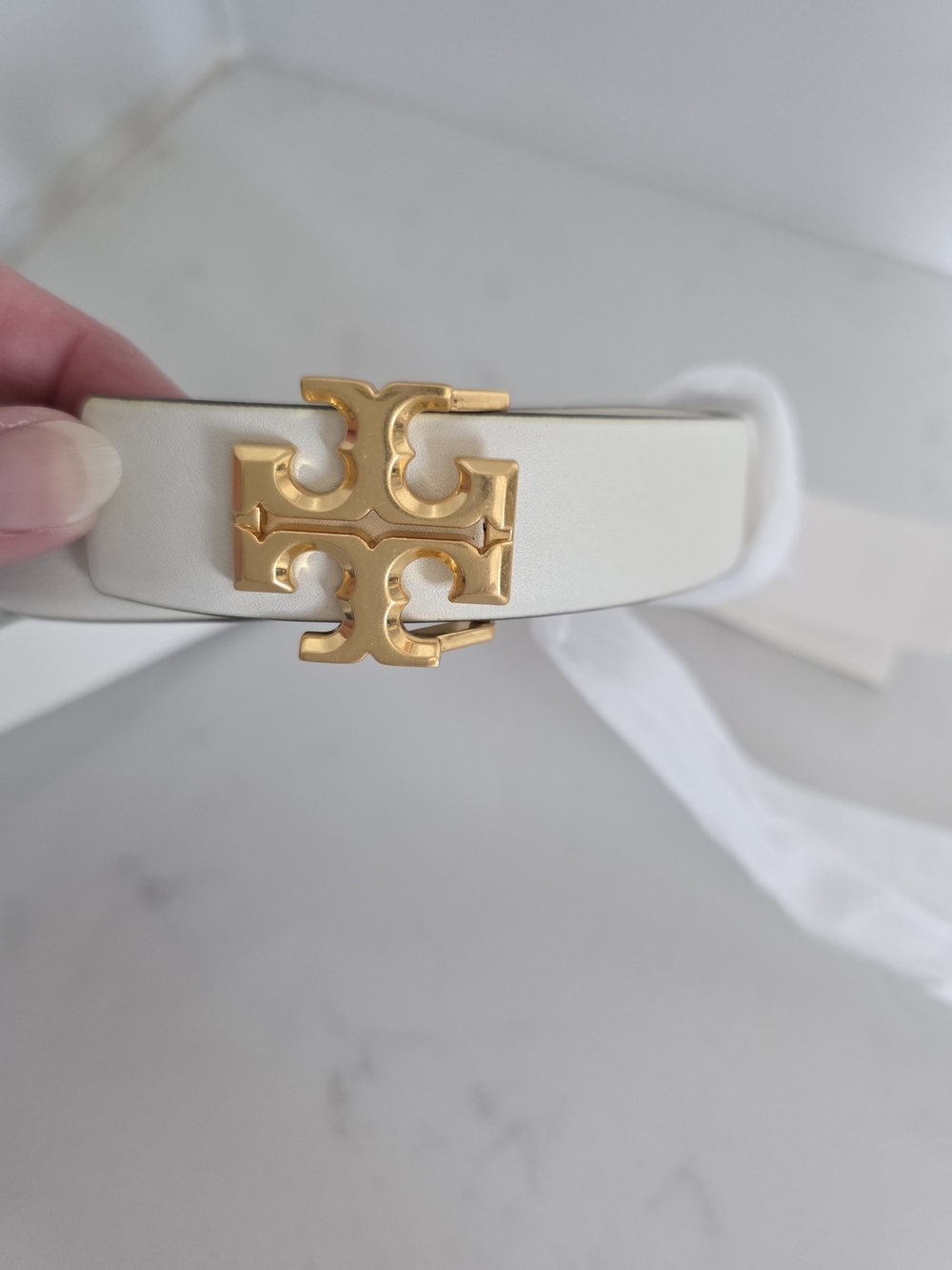 Tory Burch Ivory 1" Kira Leather Belt with Gold Logo Buckle